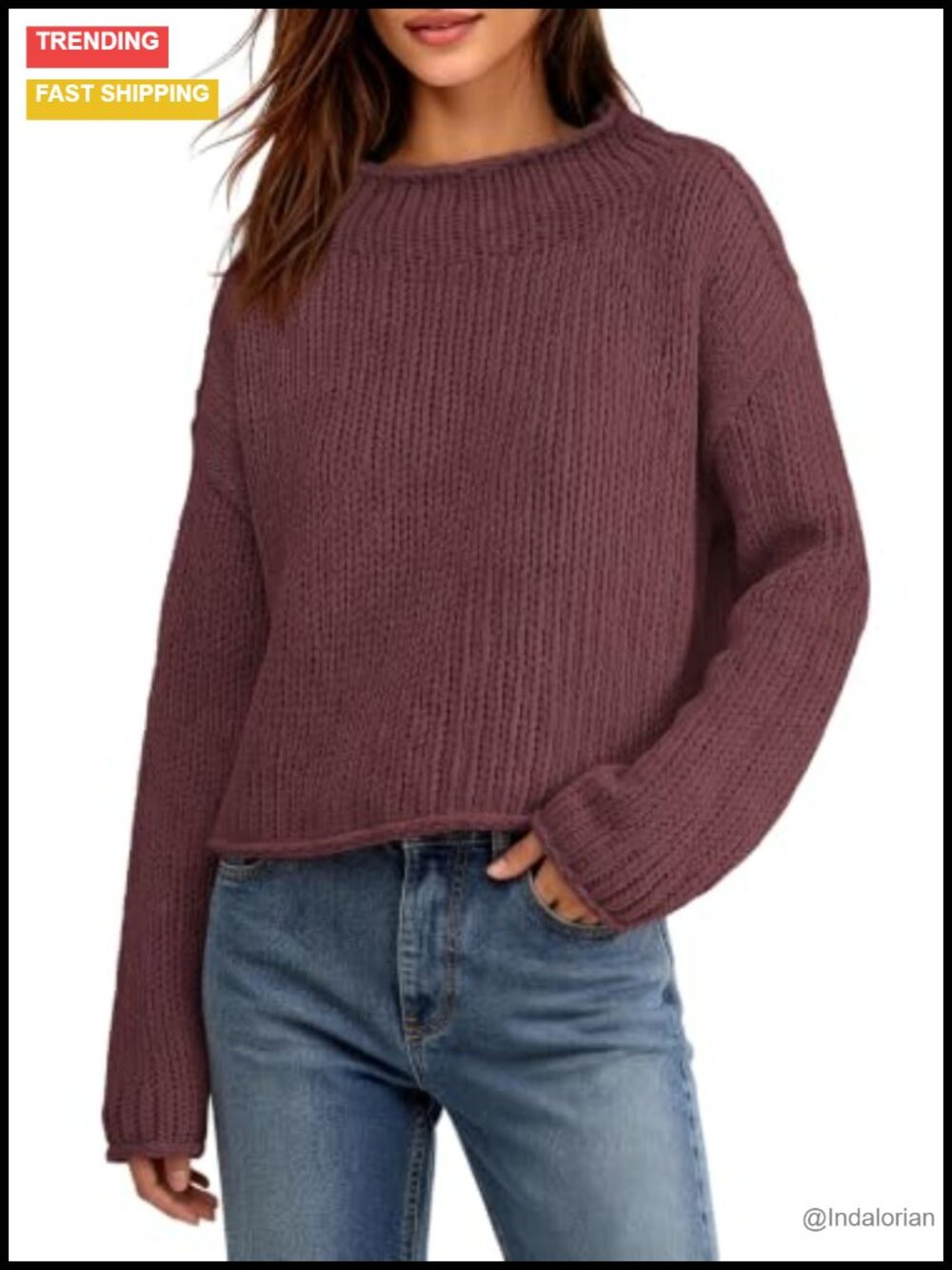 Chunky Knit Mock Neck Cropped Sweater Drop Shoulder Boxy Fit Pullover